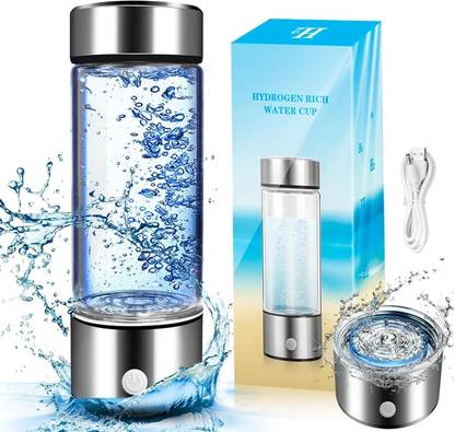 QERINKLE Hydrogen Water Bottle with Electrolysis Tech, Borosilicate Glass & Leak-Proof 420 ml Bottle (Pack of 1, Silver, Glass)